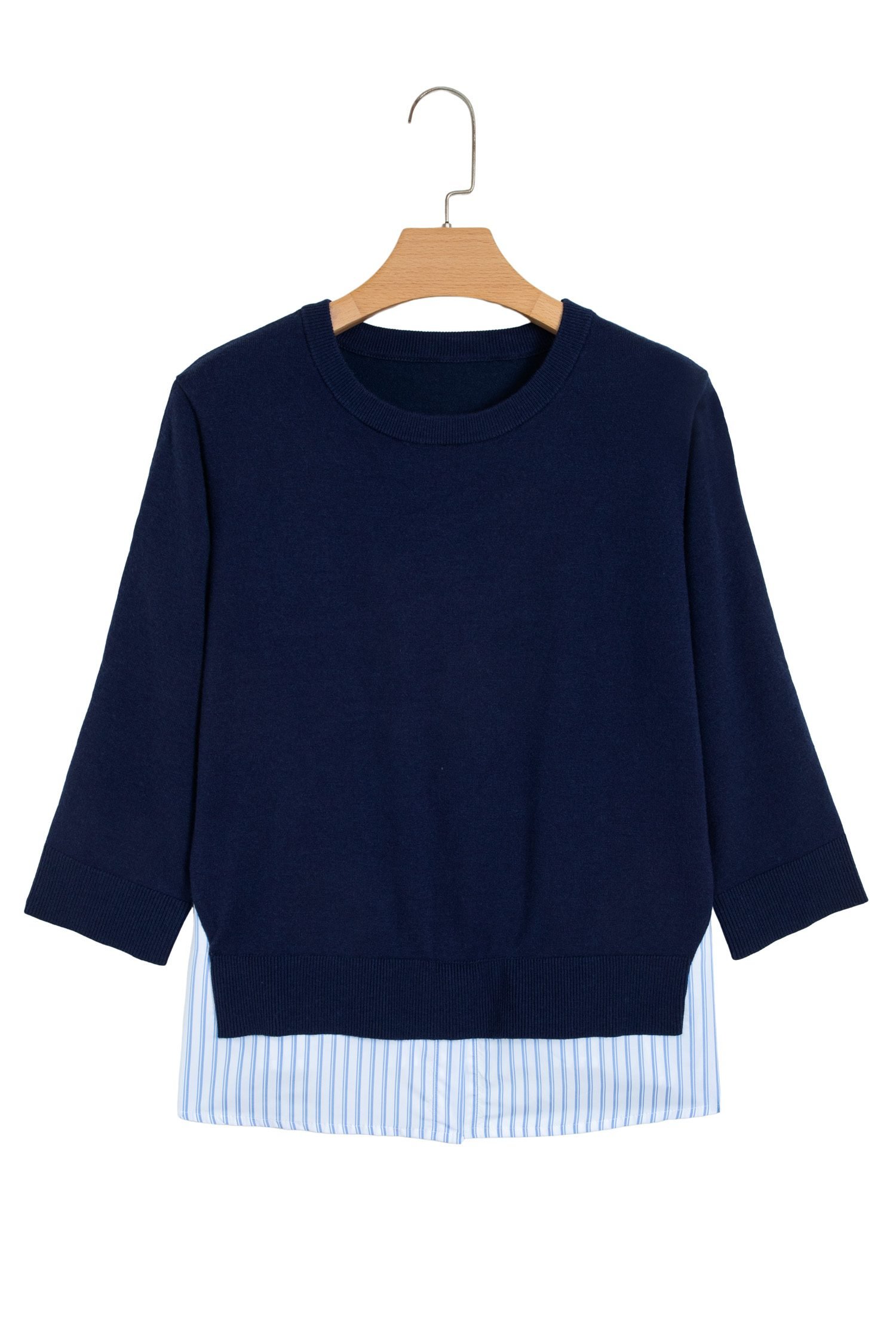 Navy Blue Drop Shoulder Long Sleeve Striped Pullover Sweater