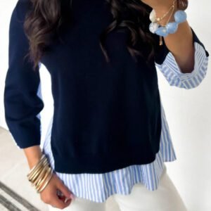 Navy Blue Drop Shoulder Long Sleeve Striped Pullover Sweater