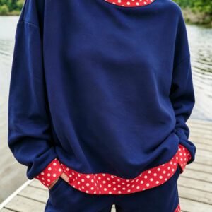 Navy Blue Polka Dot Trim Baggy Pullover 2pcs Short Set