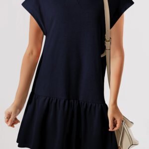 Navy Blue Solid Color Cap Sleeve Ruffle Hem Casual Short Dress