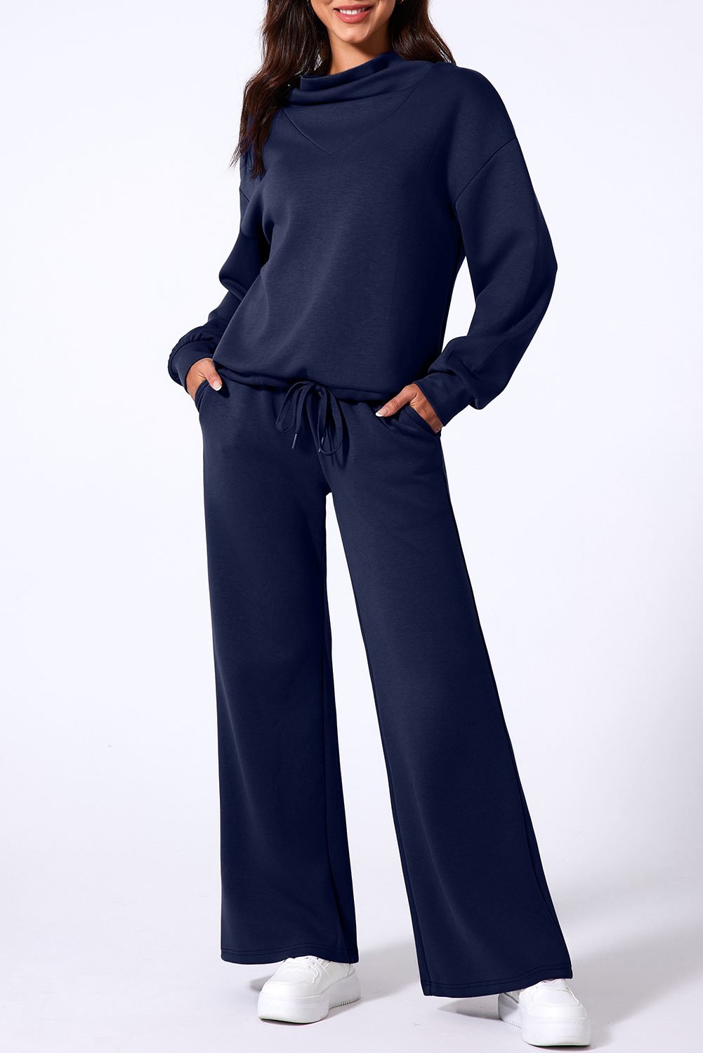 Navy Blue Solid Color Cowl Neck Drawstring Pullover Wide Leg Athleisure Pants Set