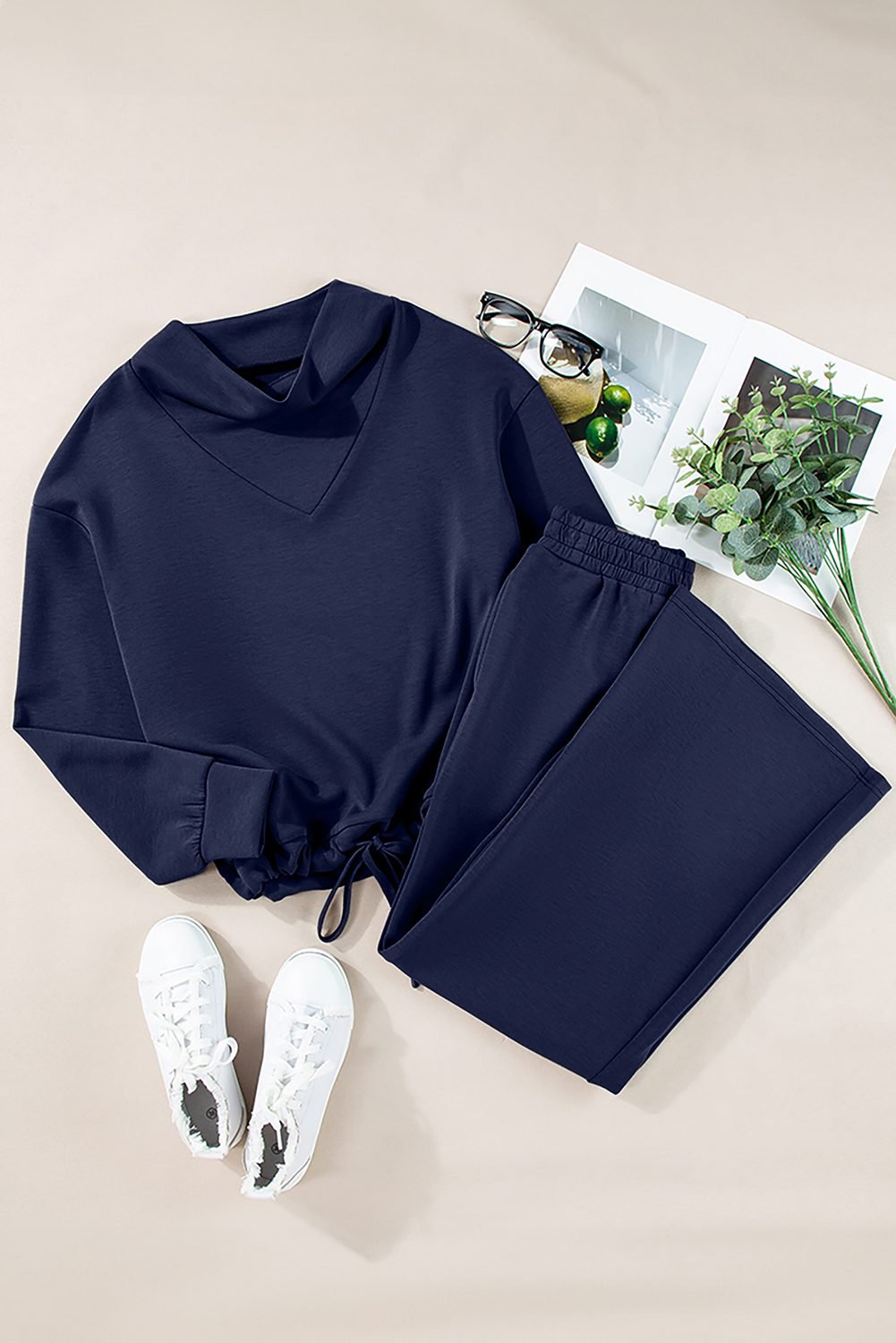 Navy Blue Solid Color Cowl Neck Drawstring Pullover Wide Leg Athleisure Pants Set