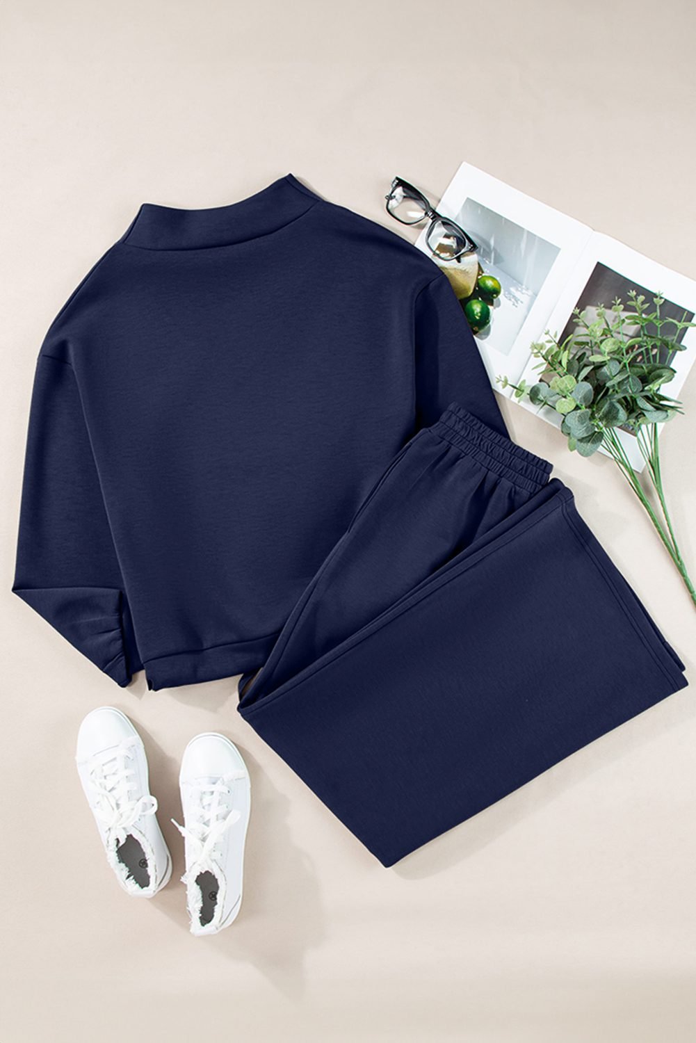 Navy Blue Solid Color Cowl Neck Drawstring Pullover Wide Leg Athleisure Pants Set