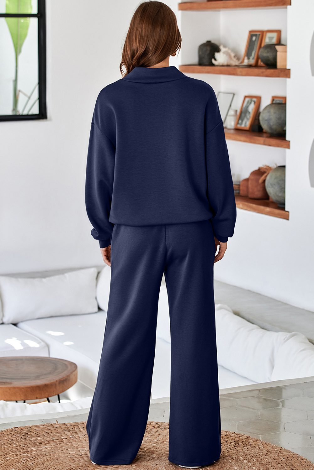 Navy Blue Solid Color Cowl Neck Drawstring Pullover Wide Leg Athleisure Pants Set
