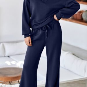 Navy Blue Solid Color Cowl Neck Drawstring Pullover Wide Leg Athleisure Pants Set
