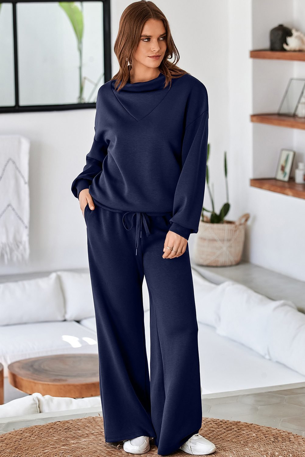Navy Blue Solid Color Cowl Neck Drawstring Pullover Wide Leg Athleisure Pants Set