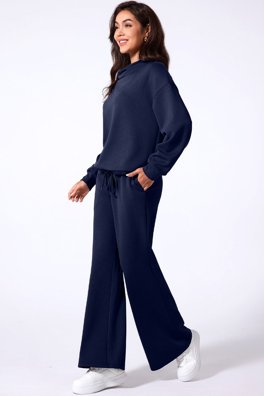 Navy Blue Solid Color Cowl Neck Drawstring Pullover Wide Leg Athleisure Pants Set
