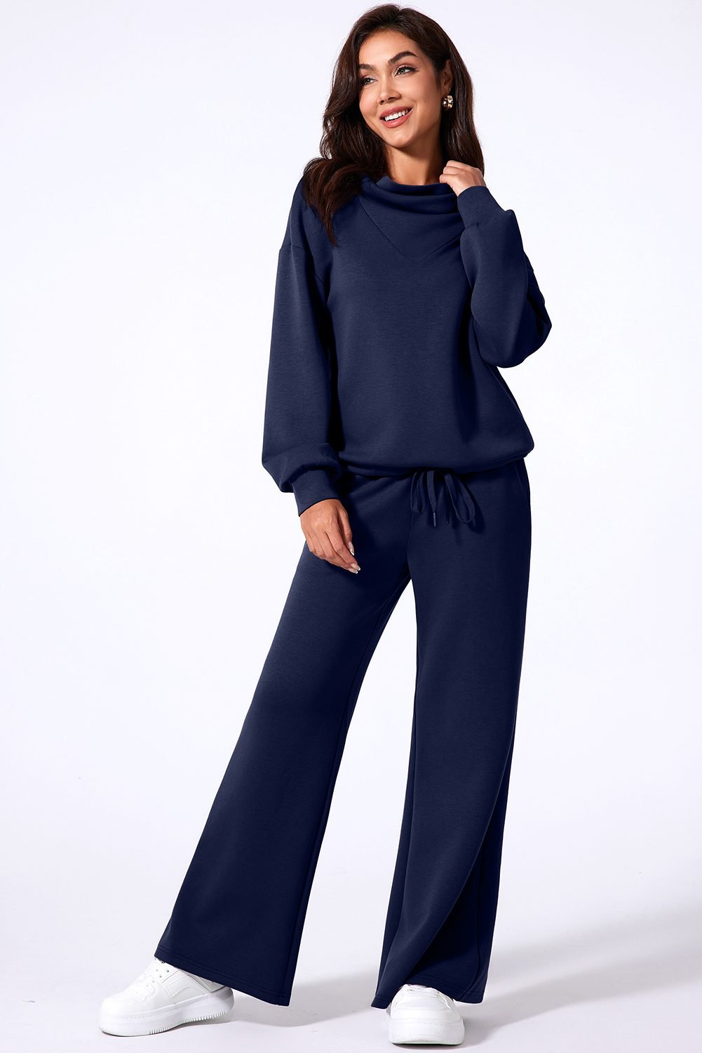 Navy Blue Solid Color Cowl Neck Drawstring Pullover Wide Leg Athleisure Pants Set