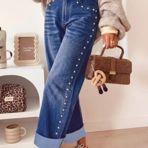 Navy Blue Studded Detail Straight Leg Casual Loose Jeans