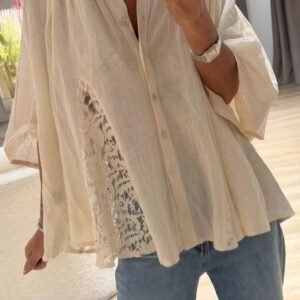 Oatmeal Sheer Lace Splicing Detail Bracelet Sleeve Loose Flowy Shirt