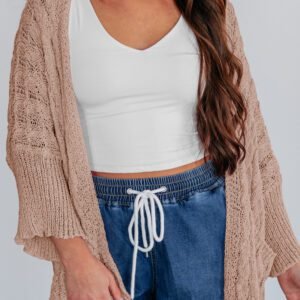 Old Rose Drop Shoulder Crochet Knit Open Front Cardigan