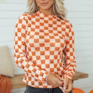Orange Abstract Halloween Pattern Long Sleeve Stand Neck Shift Blouse