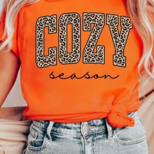 Orange COZY season Leopard Letter Graphic Casual Round Neck T Shirt