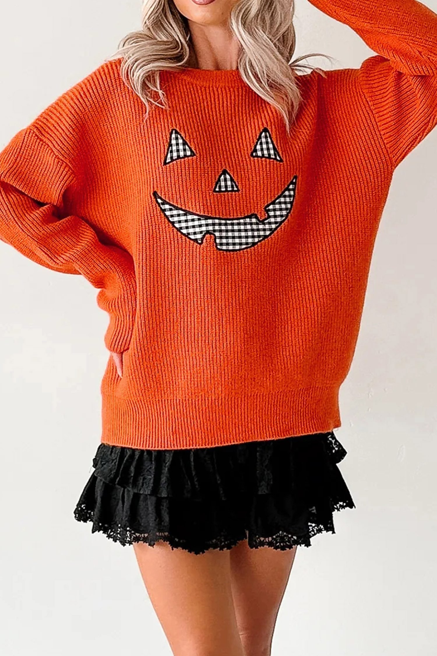 Orange Drop Shoulder Long Sleeve Round Neck Halloween Sweater