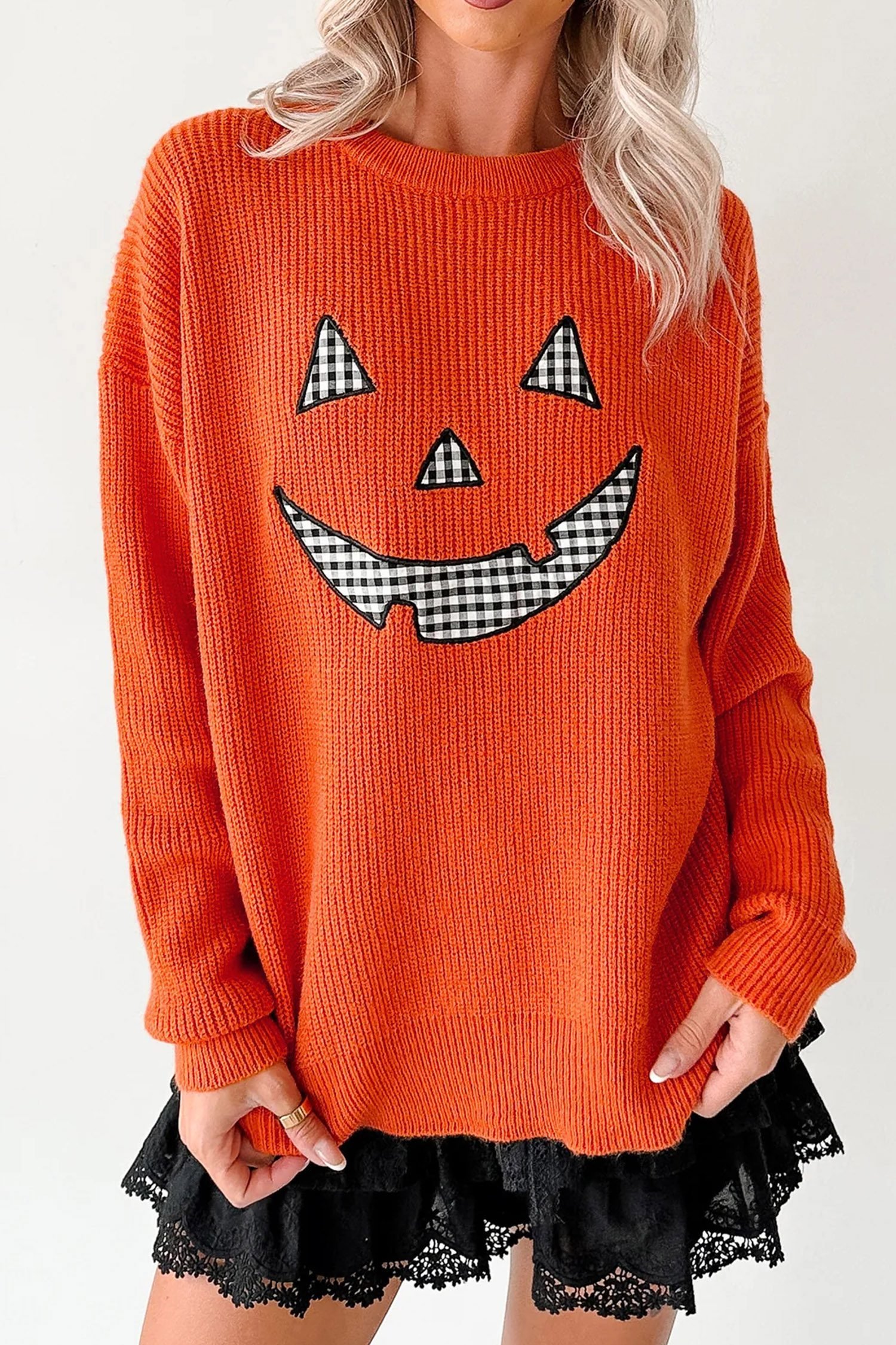 Orange Drop Shoulder Long Sleeve Round Neck Halloween Sweater