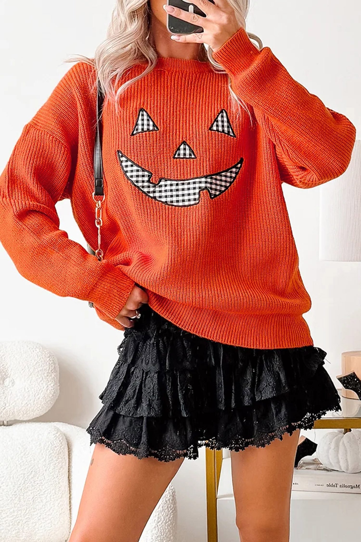 Orange Drop Shoulder Long Sleeve Round Neck Halloween Sweater