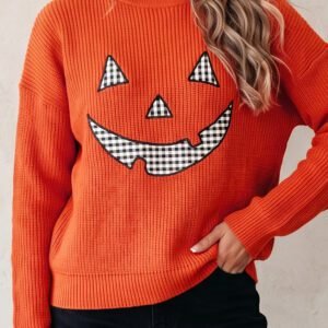 Orange Drop Shoulder Long Sleeve Round Neck Halloween Sweater