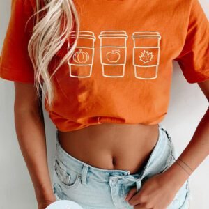 Orange Embroidered Fall Drinks Round Neck Graphic Tee