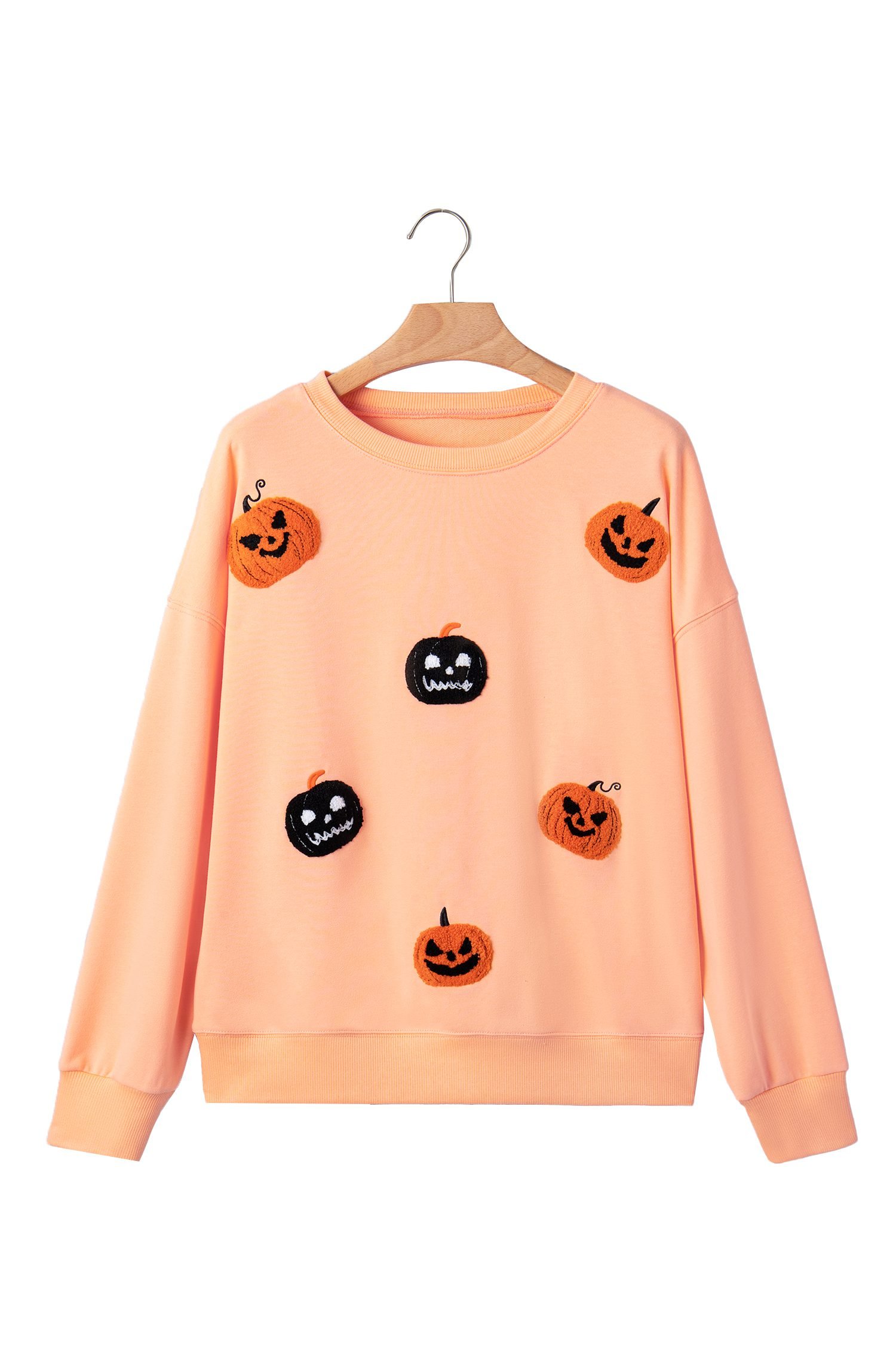Orange Embroidered Pumpkin Face Drop Shoulder Sweatshirt