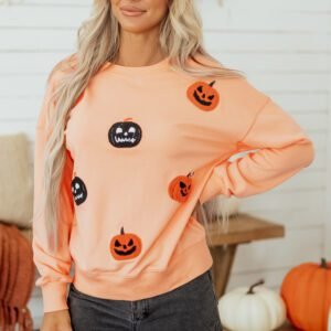 Orange Embroidered Pumpkin Face Drop Shoulder Sweatshirt