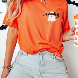 Orange Embroidered Spooky Ghost Graphic Halloween T-Shirt