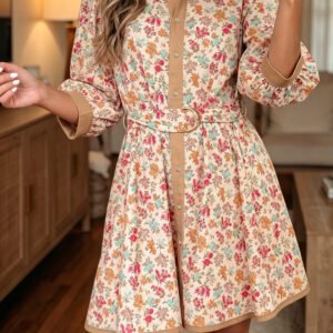 Orange Floral Print Color Block Trim Button Down 3/4 Sleeve Belted Mini Dress