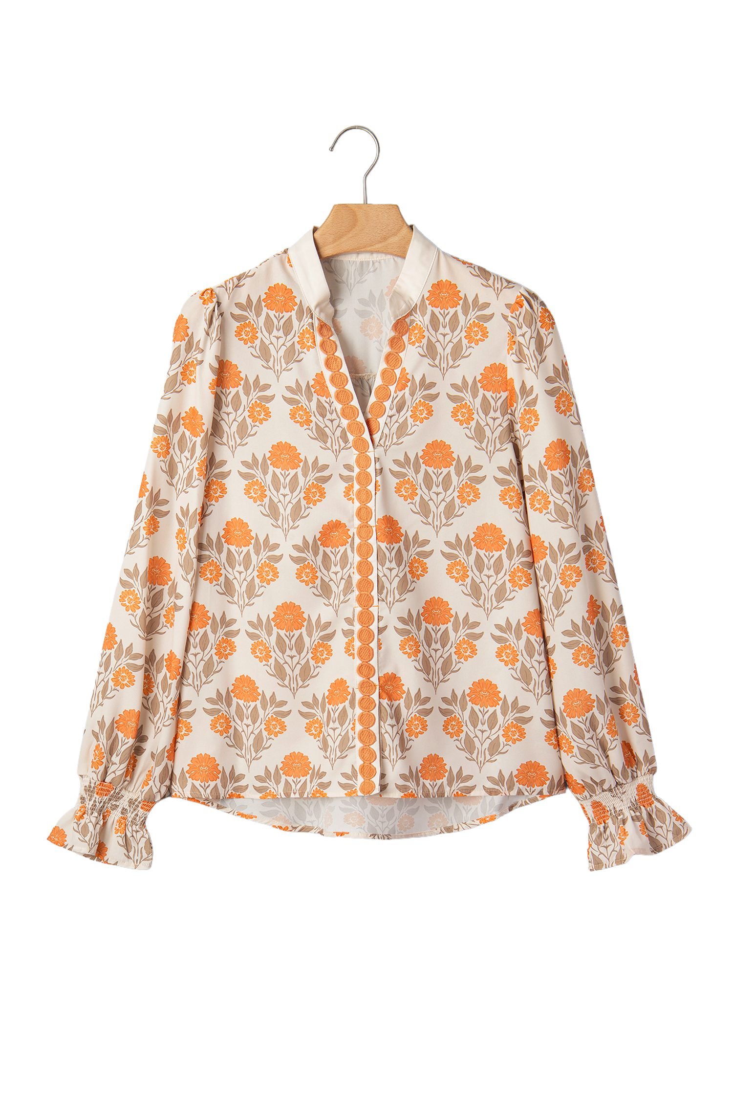 Orange Floral Print Contrast Detail V Neck Long Sleeve Blouse