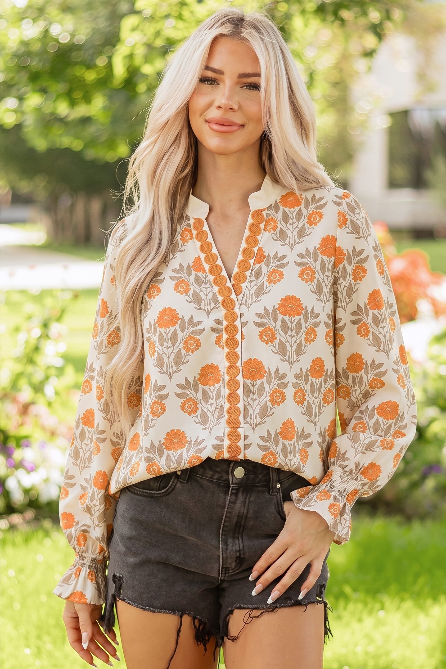 Orange Floral Print Contrast Detail V Neck Long Sleeve Blouse