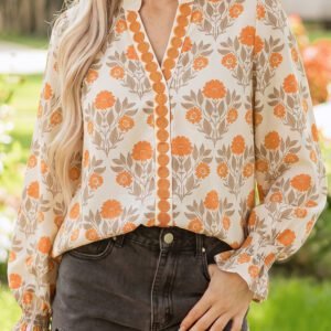 Orange Floral Print Contrast Detail V Neck Long Sleeve Blouse