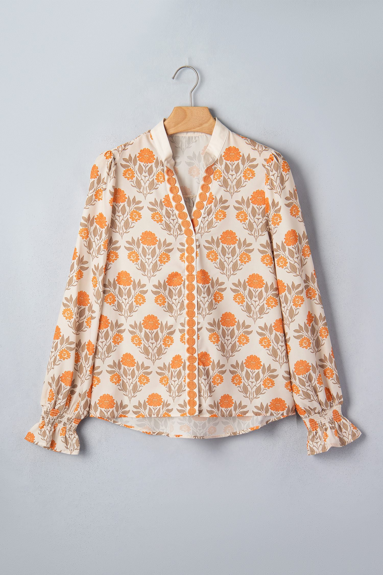 Orange Floral Print Contrast Detail V Neck Long Sleeve Blouse