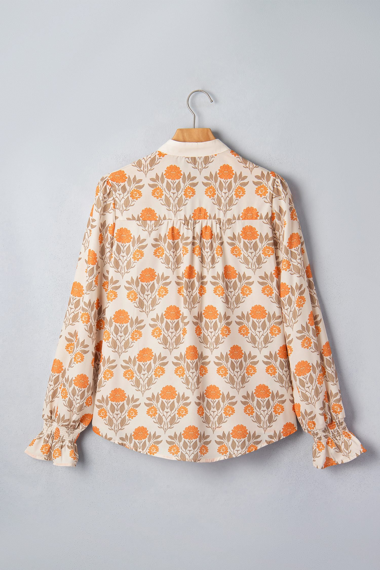 Orange Floral Print Contrast Detail V Neck Long Sleeve Blouse