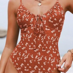 Orange Floral Print Cutout Spaghetti Straps Tie V Neck Teddy Swimsuit