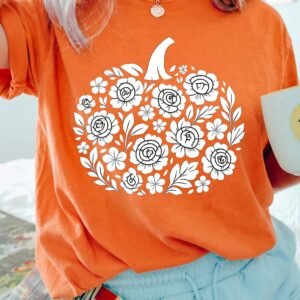Orange Floral Pumpkin Graphic Cuffed Sleeve Casual T Shirt