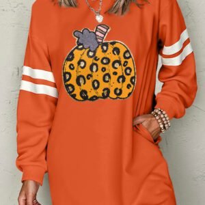 Orange Leopard Print Pumpkin Graphic Varsity Striped Long Sleeve Tunic Dress