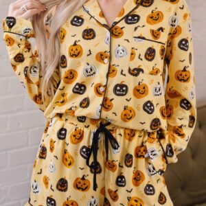 Orange Long Sleeve Ruffle Pumpkin Face Print Two Piece Lounge Set