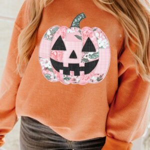Orange Patchwork Pumpkin Graphic Corded Ribbed Round Neck Tunic Sweatshirt