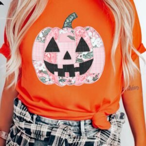 Orange Patchwork Pumpkin Graphic Short Sleeve Round Neck Tee