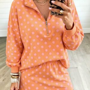 Orange Polka Dot Hooded Long Sleeve Top Casual Mini Skort Set