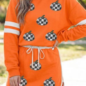 Orange Rhinestone Pumpkin Print Long Sleeve Shift Skirt Set