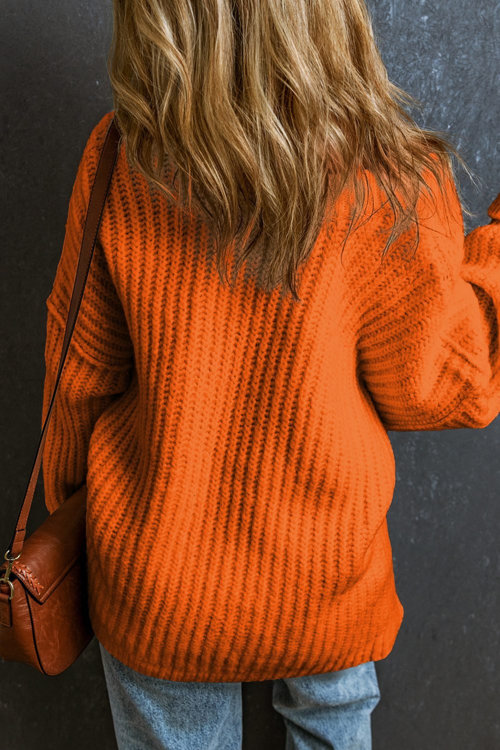 Orange Ribbed Knit Round Neck Slouchy Chunky Sweater
