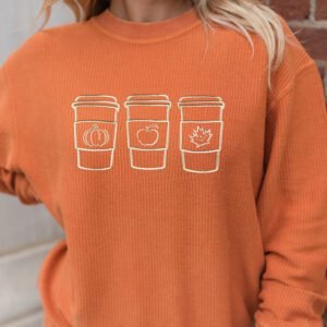 Orange Ribbed Texture Embroidered Fall Drinks Graphic Sweatshirt
