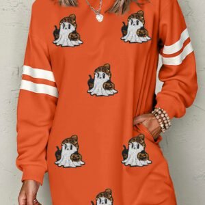 Orange Sequin Ghost Pattern Varsity Sleeve Sweatshirt Mini Dress with Pockets