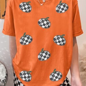 Orange Sequin Pumpkin Print Round Neck Short Sleeve Casual T-Shirt