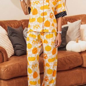 Orange Short Sleeve Pumpkin Print Polka Dot Trim Pocket Pocket Placket Home Wear Lounge Set