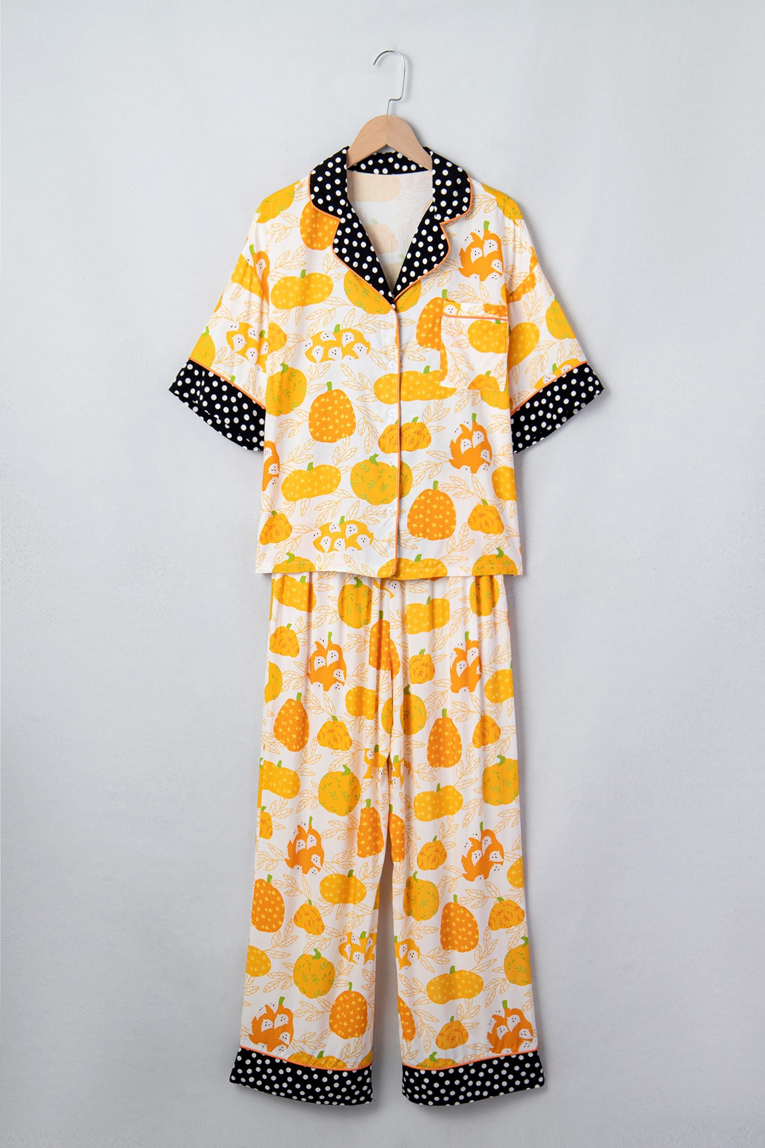 Orange Short Sleeve Pumpkin Print Polka Dot Trim Pocket Pocket Placket Home Wear Lounge Set