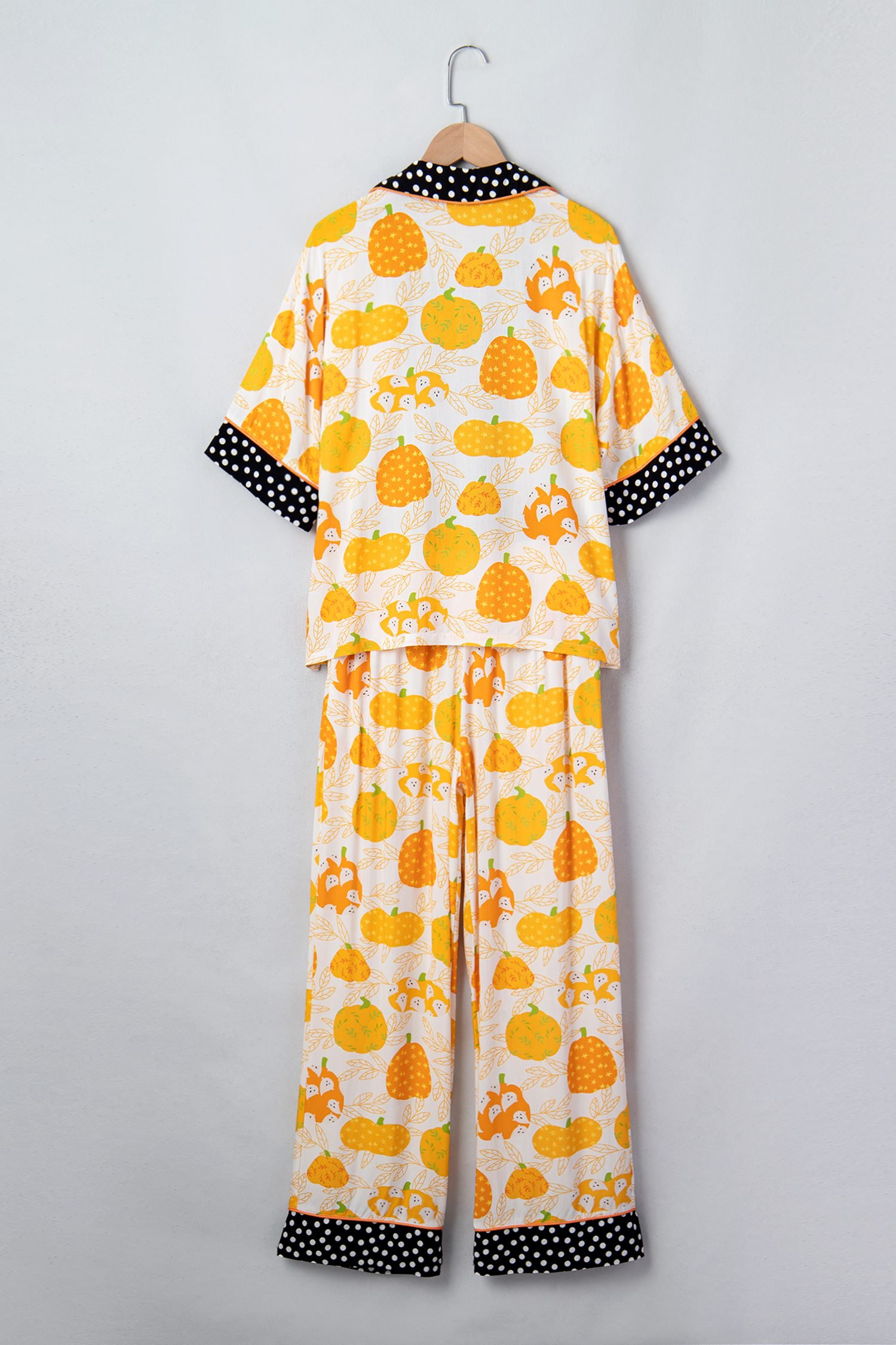 Orange Short Sleeve Pumpkin Print Polka Dot Trim Pocket Pocket Placket Home Wear Lounge Set