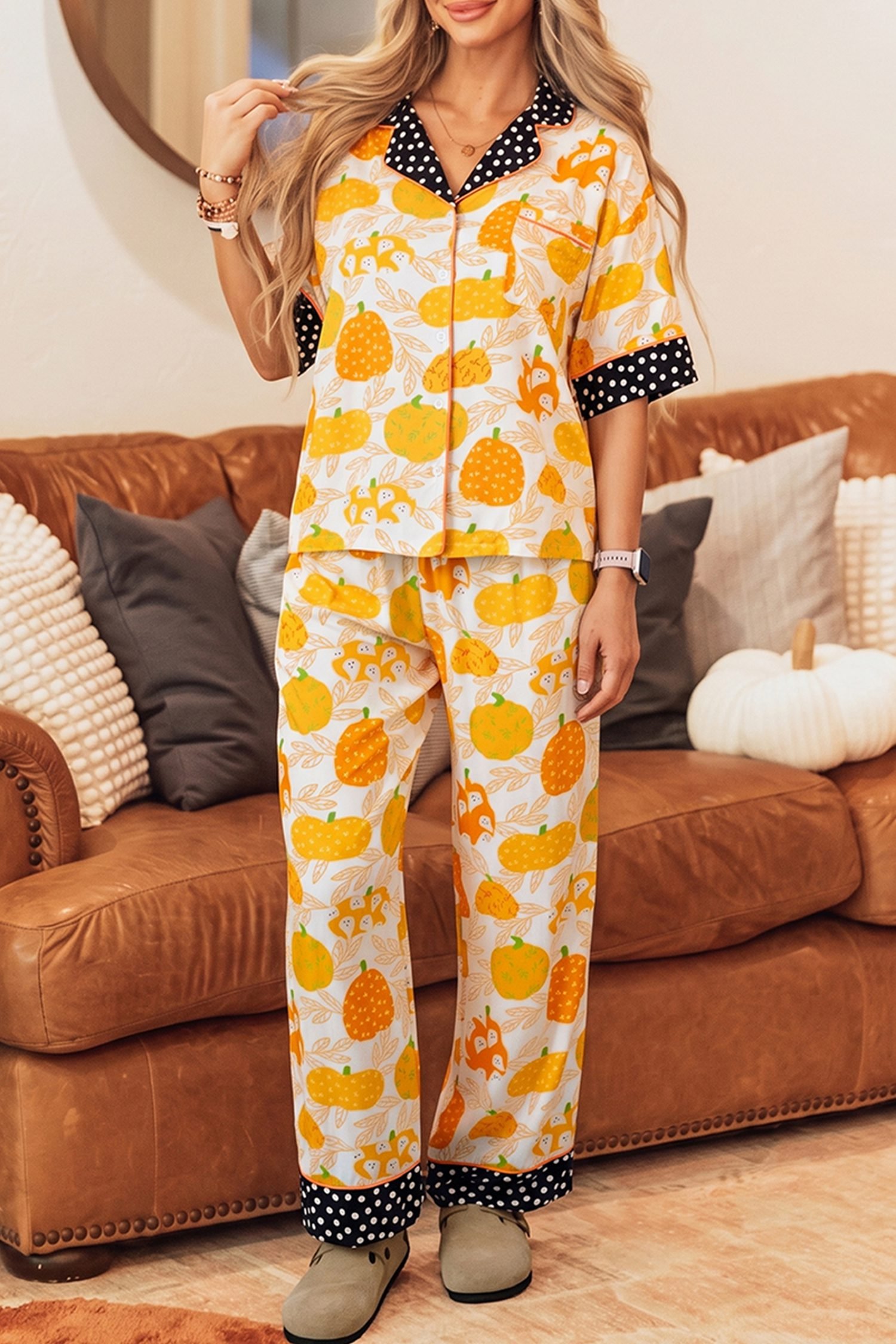 Orange Short Sleeve Pumpkin Print Polka Dot Trim Pocket Pocket Placket Home Wear Lounge Set