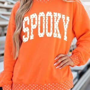 Orange SPOOKY Polka Dot Letter Print Mock Neck Baggy Pullover Sweatshirt