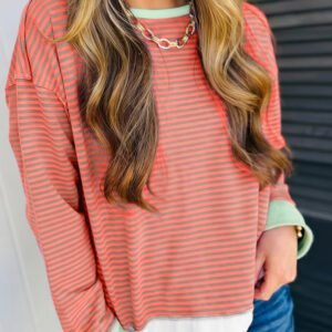 Orange Stripe Colorblock Detail Raw Seam Long Sleeve Top