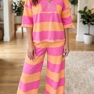 Orange Stripe Colorblock Half Sleeve Top Casual Loose Pants 2pcs Set
